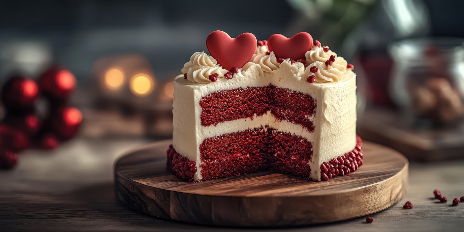 Delicious red velvet cake decorated with hearts and served on a wooden platter during a romantic celebration